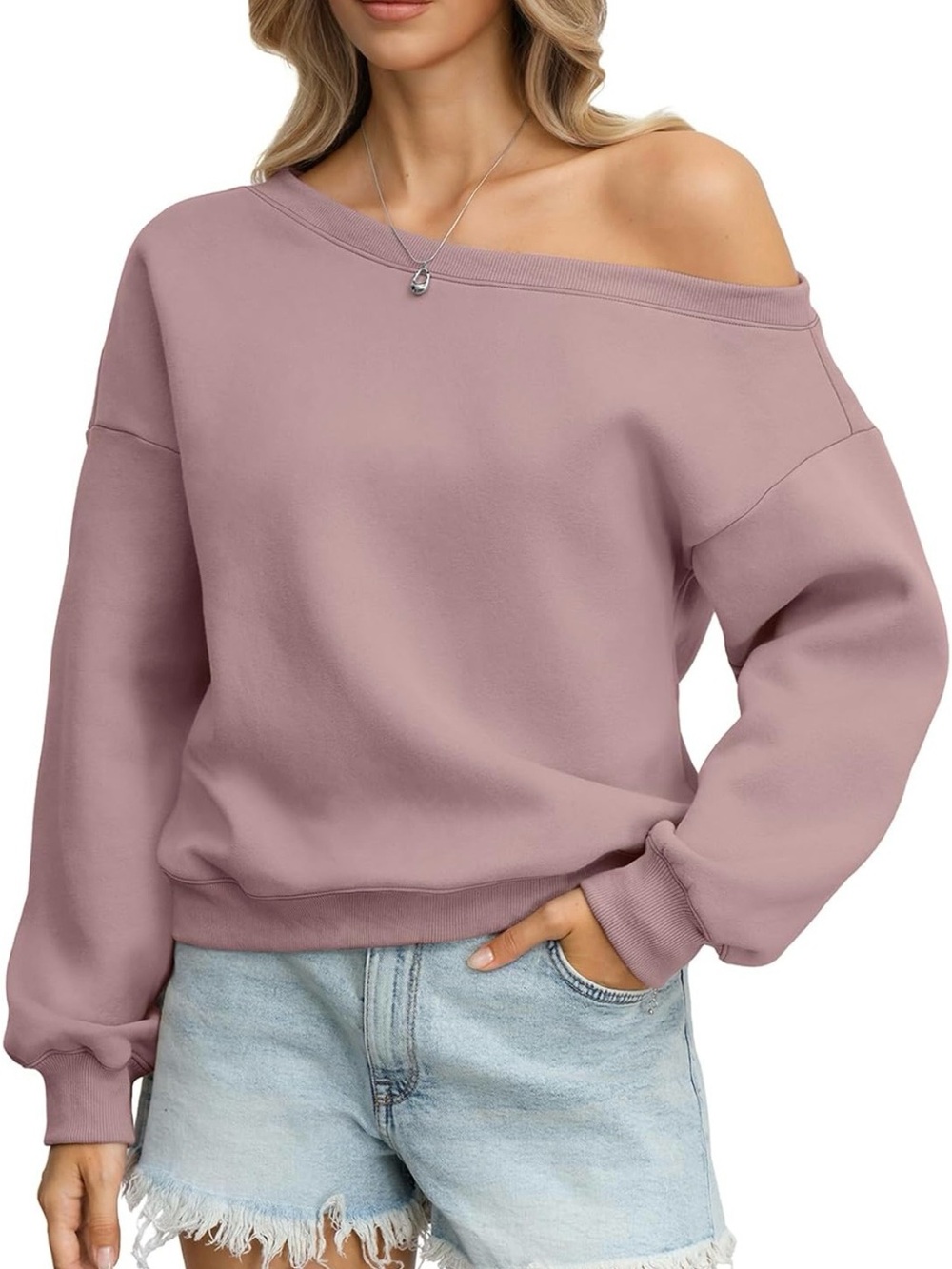 Off-Shoulder Cozy Pink Pullover Sweater Oversized Travel Loungewear